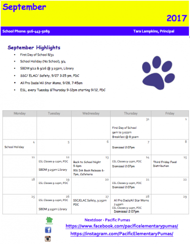 September Parent Calendar - English